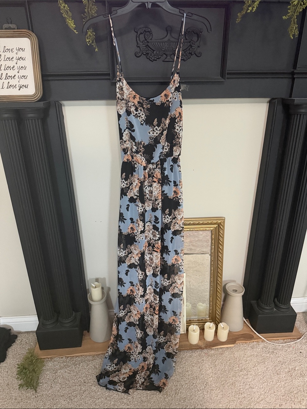 Floral Maxi Slip Dress in Blue and Black
